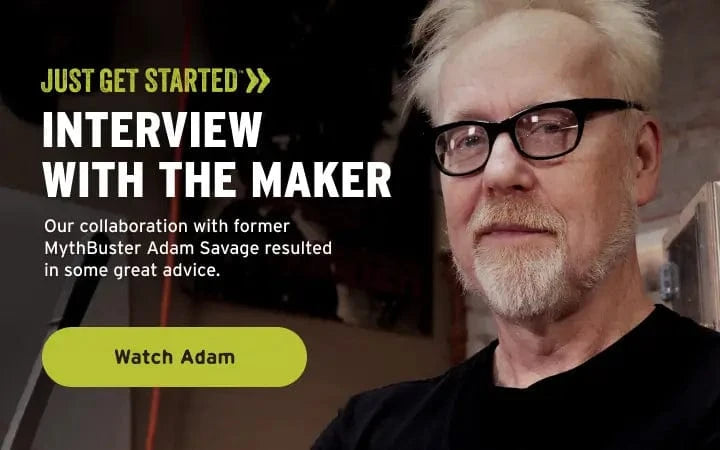 Adam Savage in a workshop setting with text about an interview with the maker.
