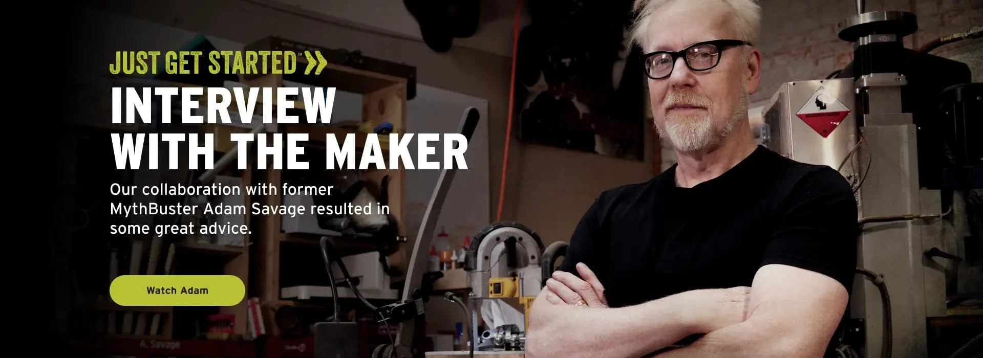 Adam Savage in a workshop setting with text about an interview with the maker.
