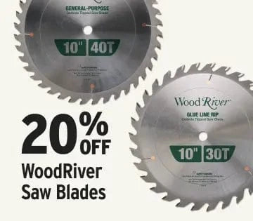 Two circular saw blades with 'Wood River' branding and a promotional offer on a white background.