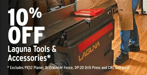 Laguna tools and accessories on a workbench with promotional text overlay.
