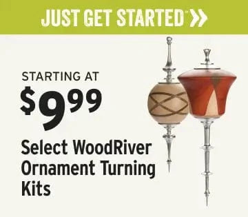 Advertisement for WoodRiver ornament turning kits with decorative items and pricing information.