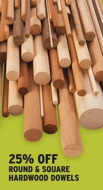 Wooden dowels in various sizes on a green background with a discount text overlay.