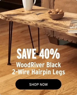 Wooden table with WoodRiver Black 2-Wire Hairpin Legs and promotional text overlay.
