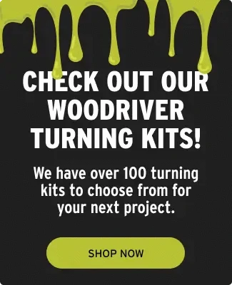 Promotional text for Wooddriver turning kits on a black background with green accents.