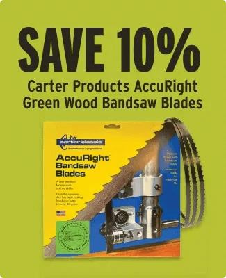 Promotional image for Carter Products AccuRight Green Wood Bandsaw Blades with a discount offer on a green background.
